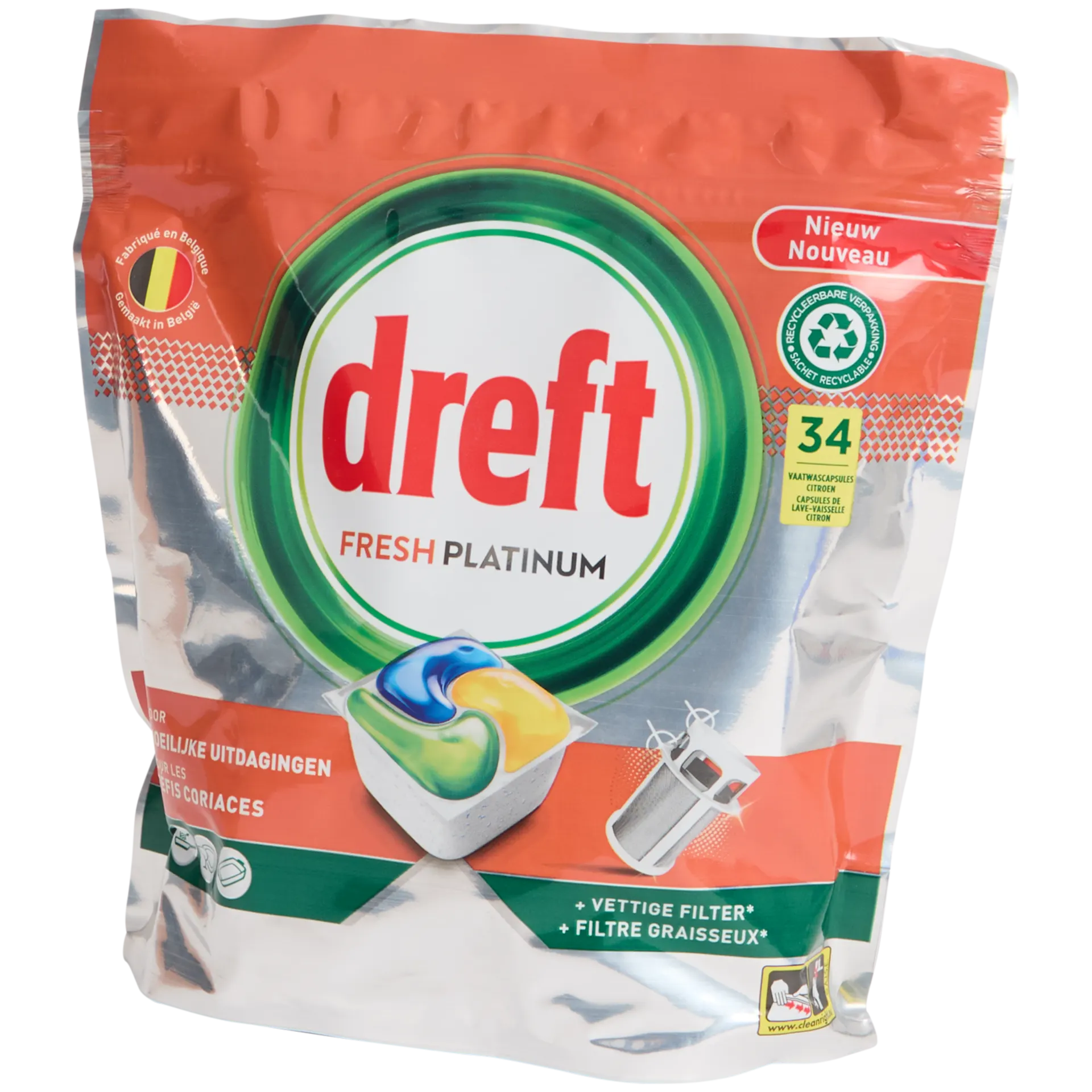 Pastillas para lavavajillas Dreft Fresh Platinum Original – 34 unidades
